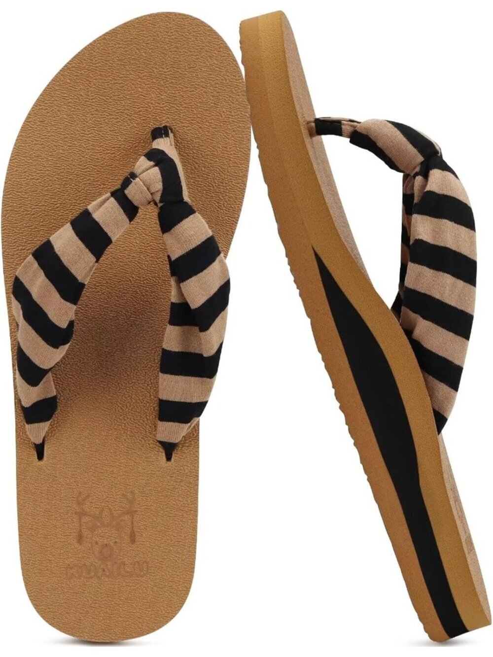 Women's Khaki Black Fabric Arch Support Yoga Mat Beach Walking Flip Flops Sandal